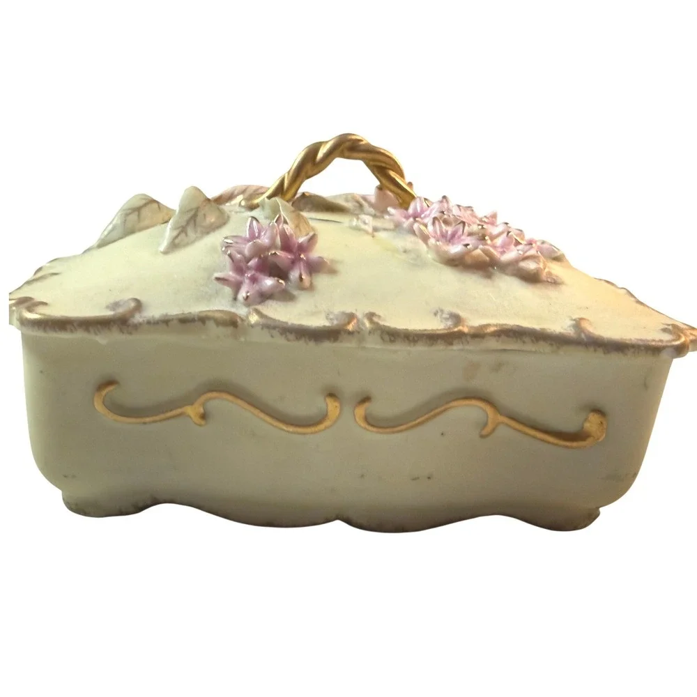 Vintage Porcelain Trinket Box 3D Floral Gold Trim Cream Pink Cottagecore Decor
